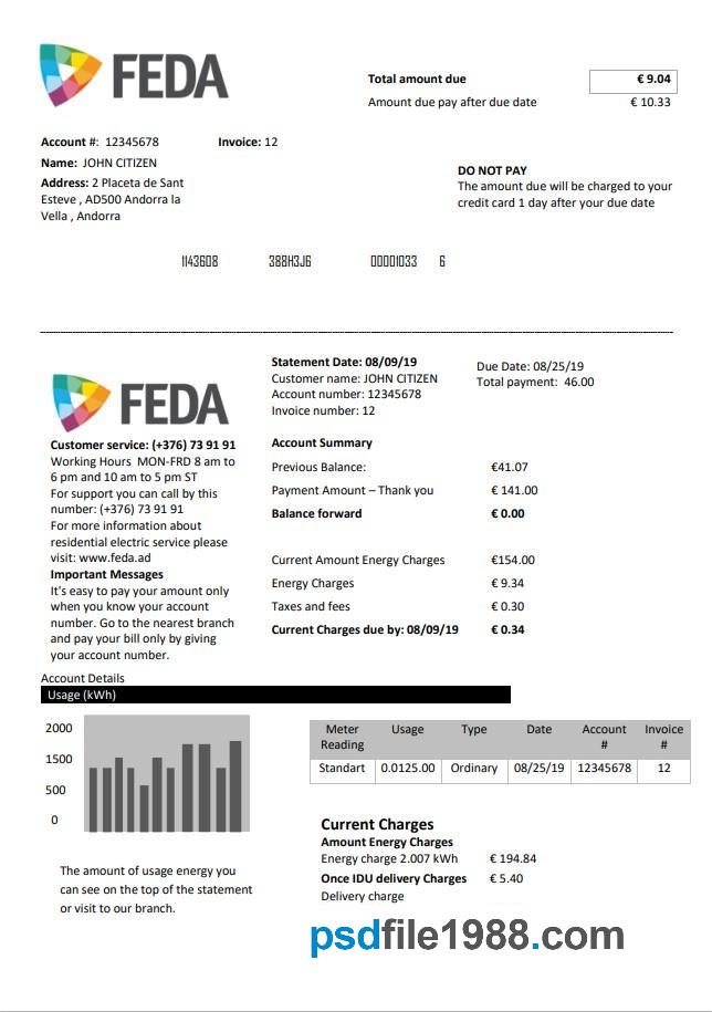 Andorra Electronic Forces of Andorra Utility Bill